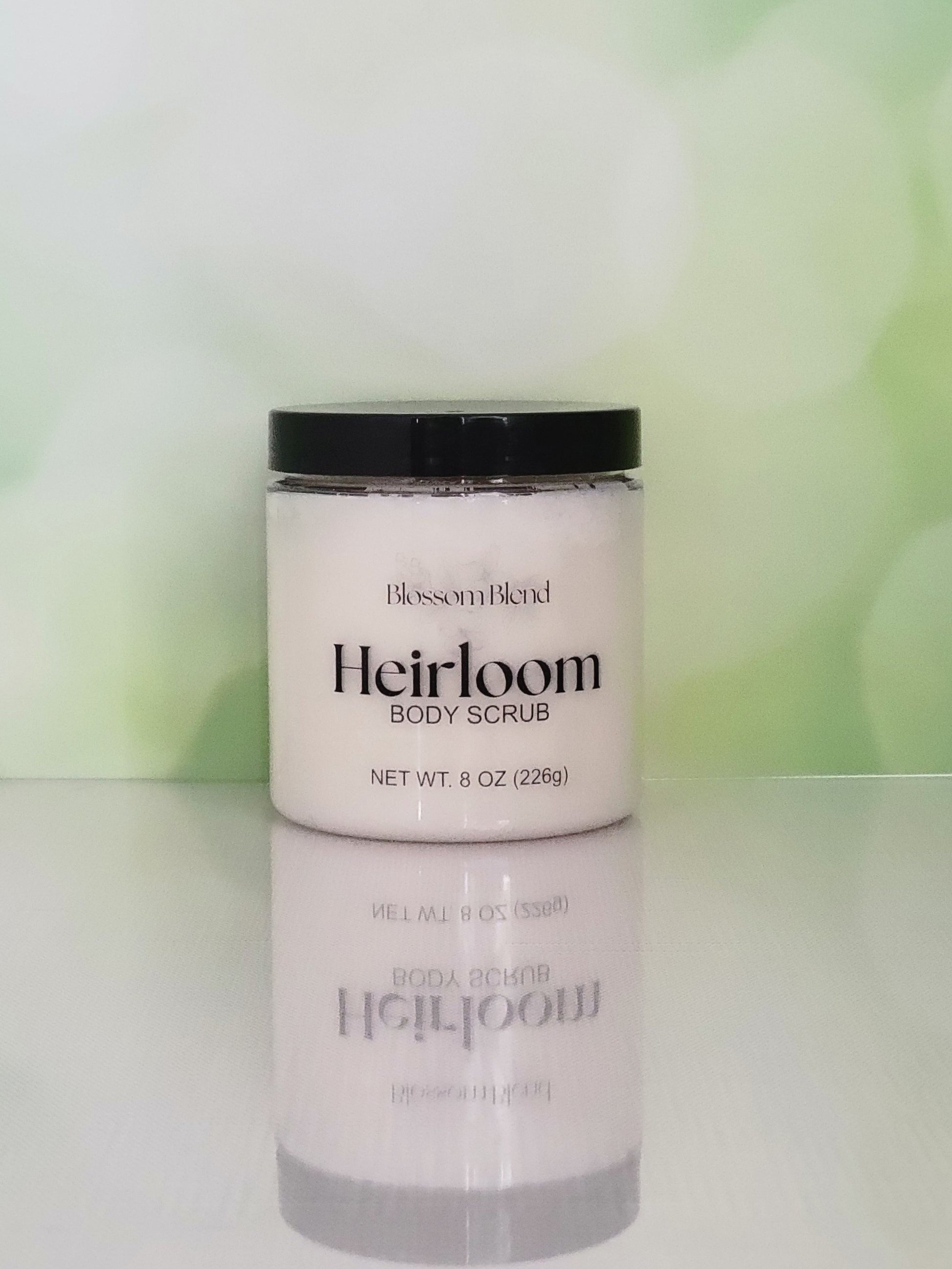 Jar of Blossom Blend Heirloom Body Scrub on a white background