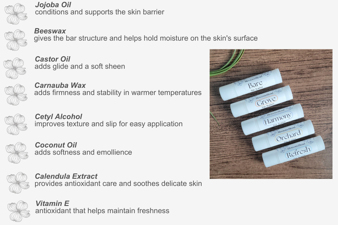 List of skincare ingredients with corresponding benefits and a display of skincare bars on a wooden surface.